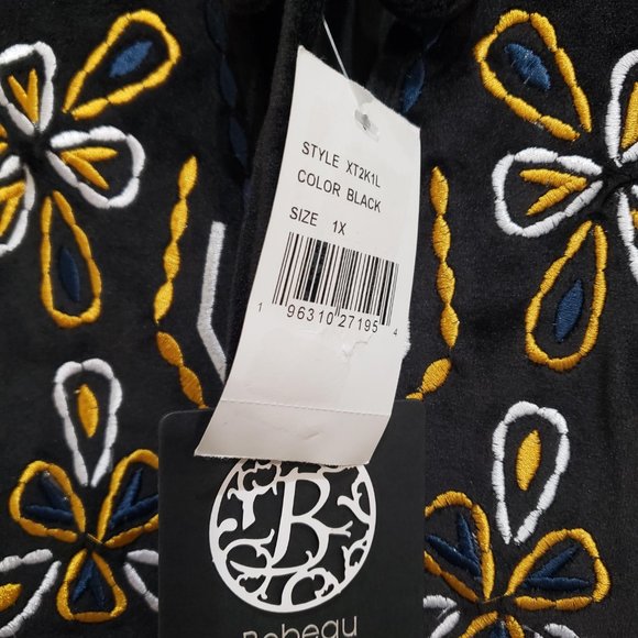 Bobeau Women Plus Soft Velour Embroidered 1X 2X Boho tunic Black Flowy Stretch - Picture 3 of 6